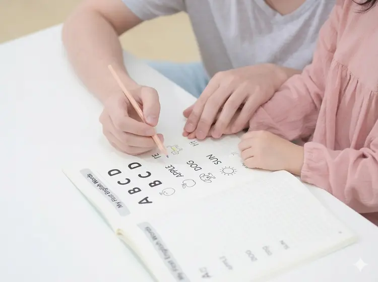 おうち英語で子供に単語の発音を教える様子。教材と音声で学ぶ英語学習のイメージ。