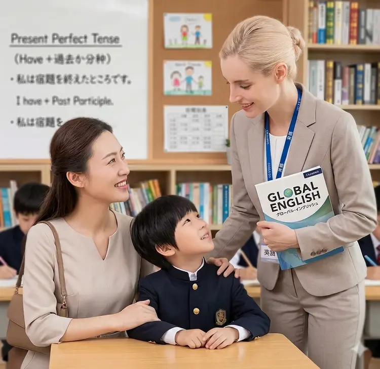 授業態度について保護者と面談するネイティブ講師と、落ち着いて座っている子供の様子